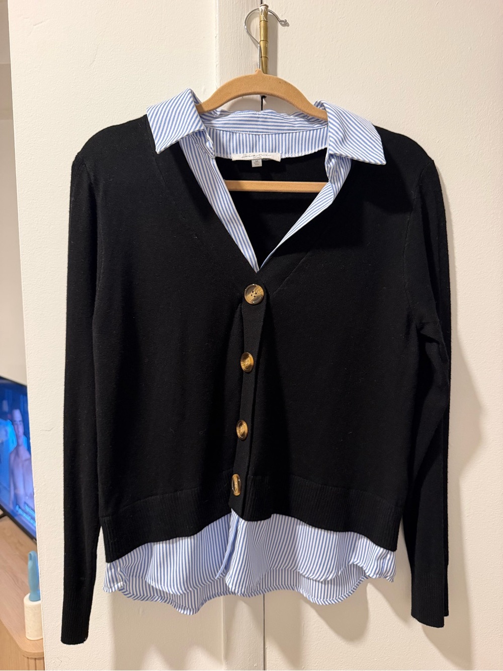 Sioni Black V-Neck Button Cardigan with Blue-White Striped Shirt Detail